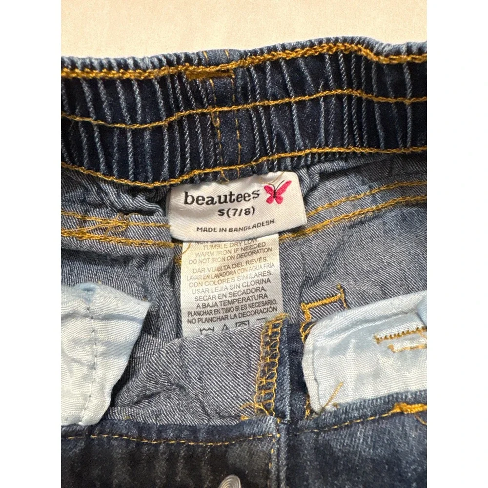 Beautees Girls Dark Wash Denim Butterfly Lace Shorts Size S 7/8 Elastic Waist